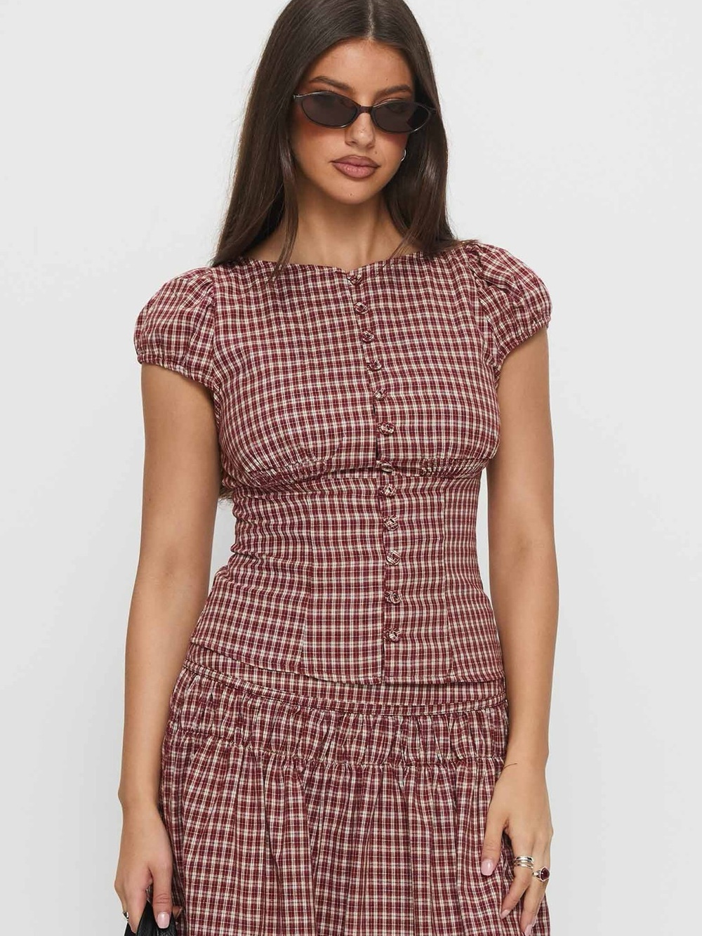 Alixandra Puff Sleeve Blouse Top Red Check